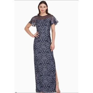 JS Collections Blue Metallic Illusion Yoke Scroll Embroidered Gown NWOT Size 2